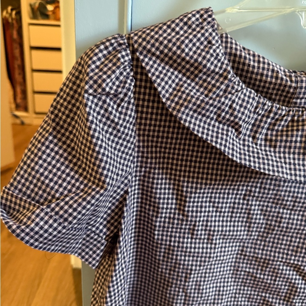 THE GREAT. Black, Navy, White Checkered Top. Ruffle collar. Size Small. - Picture 4 of 4